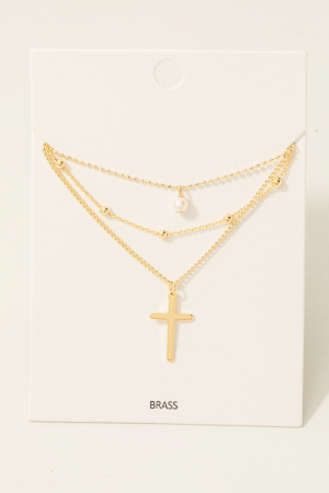 Mixed Layered Chains Cross And Pearl Charm Necklace