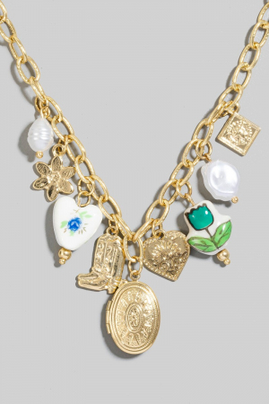 Floral Hearts Pearl And Western Charms Chain Necklace
