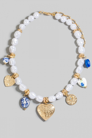 Floral Heart Charms Large Pearl Beaded Necklace