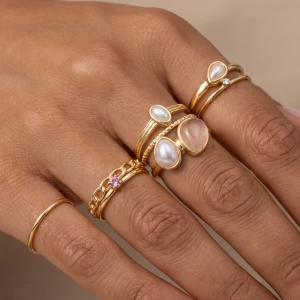 Dainty Pearl And Stone Stacking Ring Set
