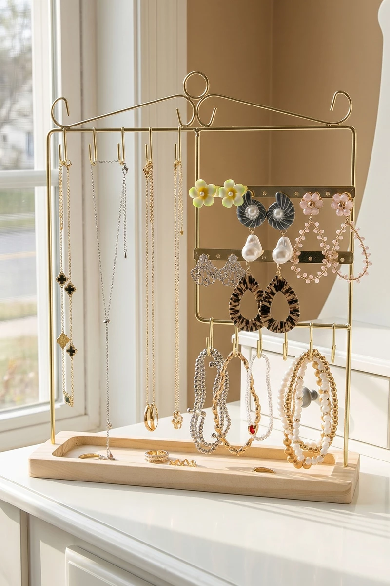 Hanging Hook Jewelry Organizer Stand With Tray