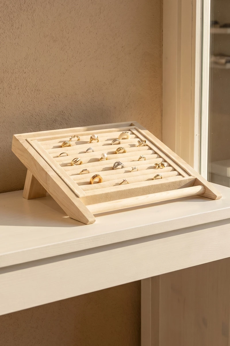 Slanted Wooden Ring Display Tray