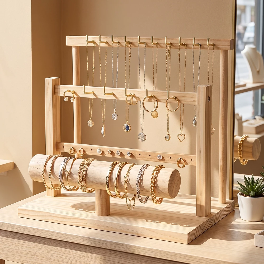 Natural Wood Jewelry Display Stand With Hooks