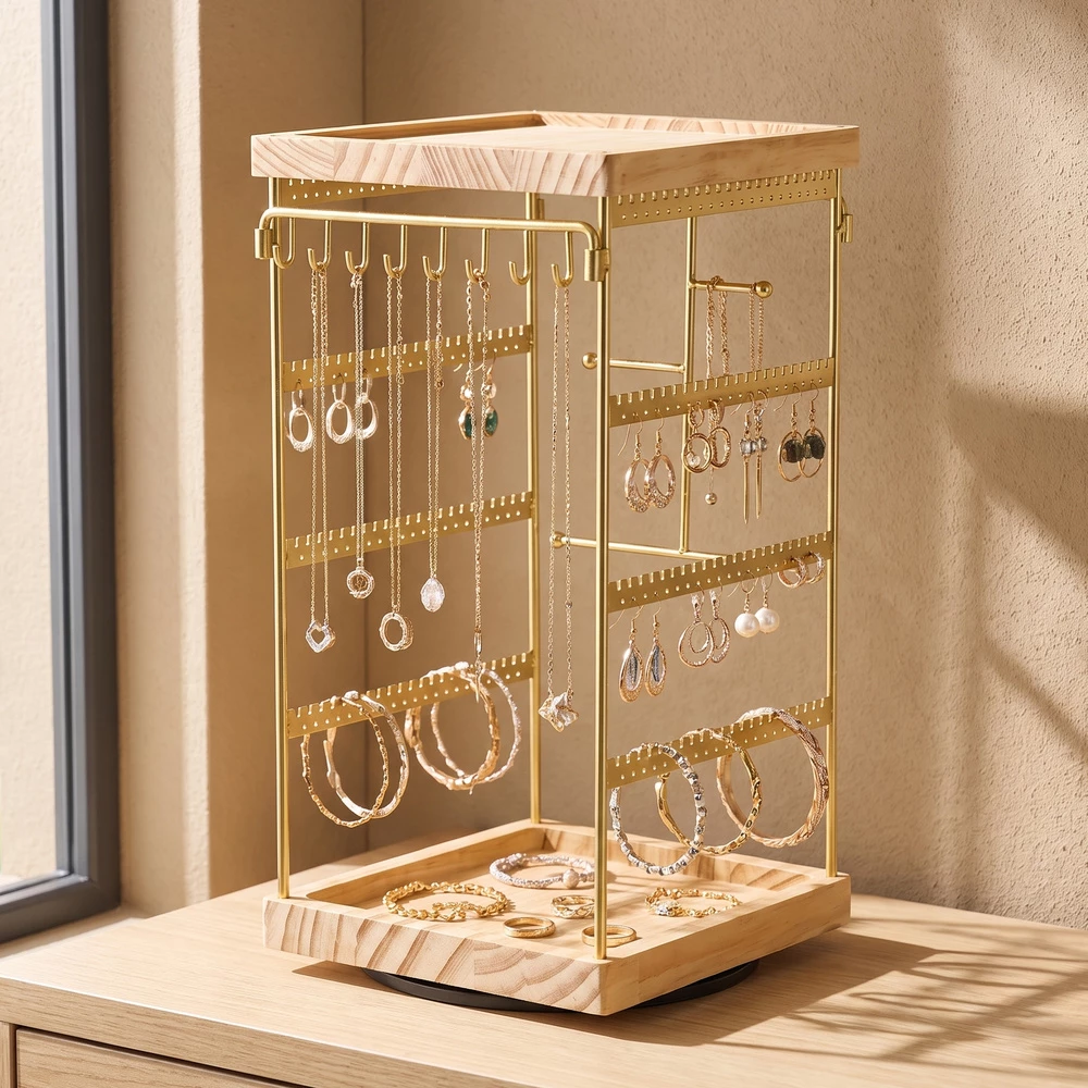Rotating Tower Jewelry Display Stand With Wood Tray