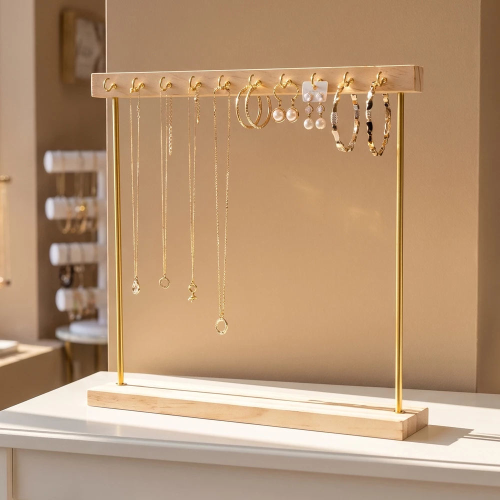 Eleven Hook Wood Bar Necklace Display Stand