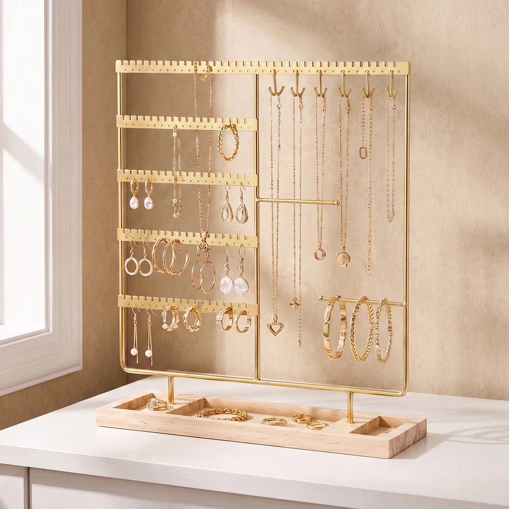 Multi Row Jewelry Display Stand With Side Hooks
