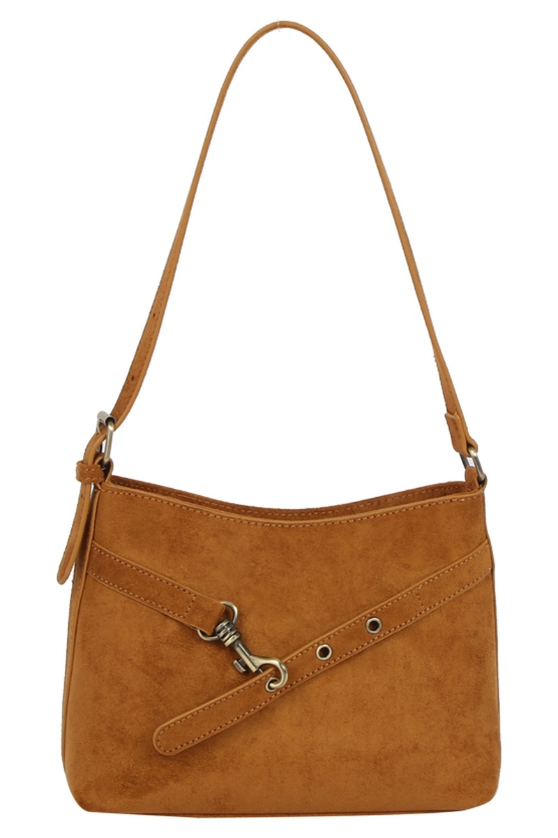 Faux Suede Belted Shoulder Bag