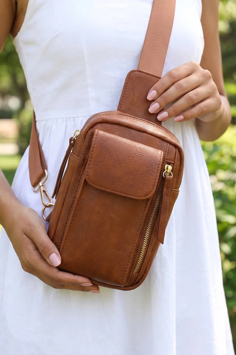 Vegan Leather Flap Pocket Sling Crossbody Bag