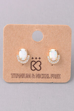Rhinestone Trim Opal Stud Earrings