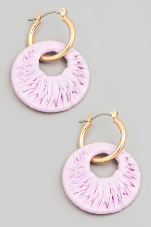 Rafia Wrapped Disc Charm Hoop Earrings