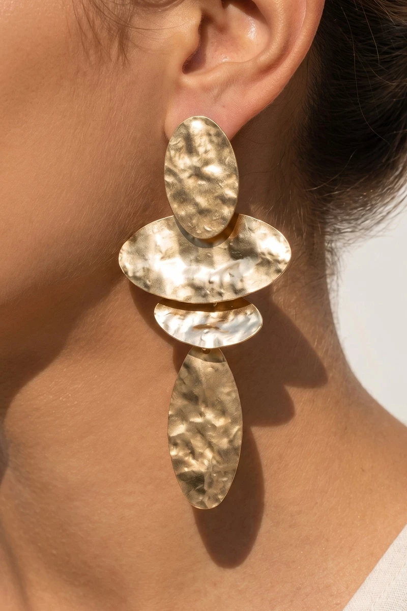 Hammered Graduated Oval Disc Drop Earrings