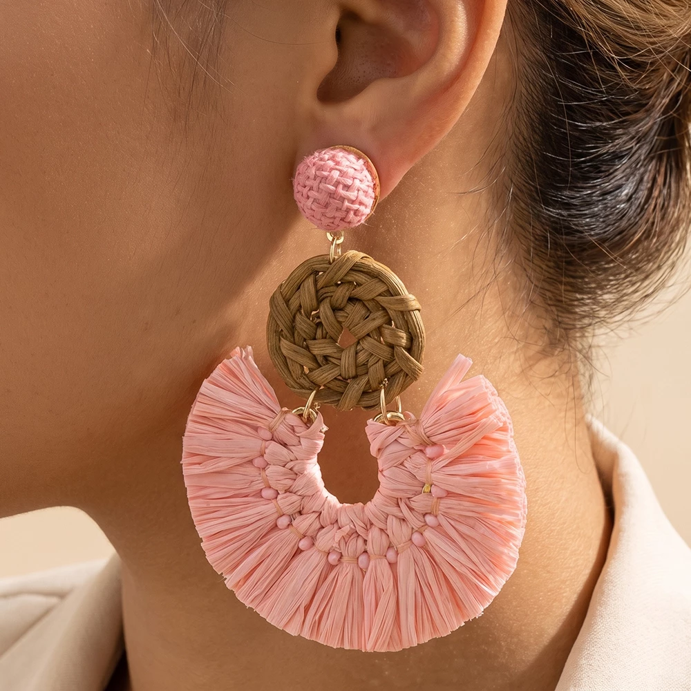 Raffia Fringe Fan Woven Rattan Drop Earrings