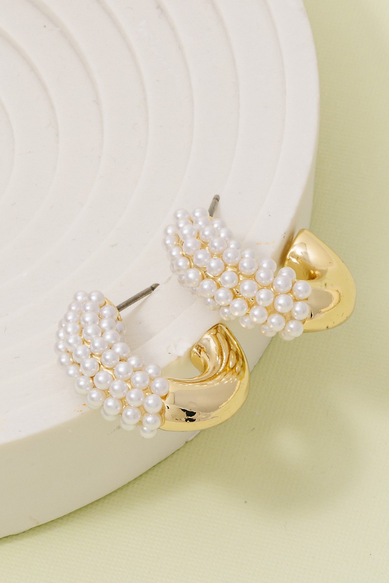 Gold Dipped Half Pearl Pave Hoop Earrings