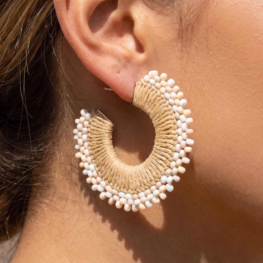 Raffia Wrapped Seed Bead Trim Hoop Earrings