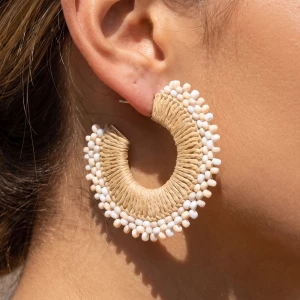 Raffia Wrapped Seed Bead Trim Hoop Earrings