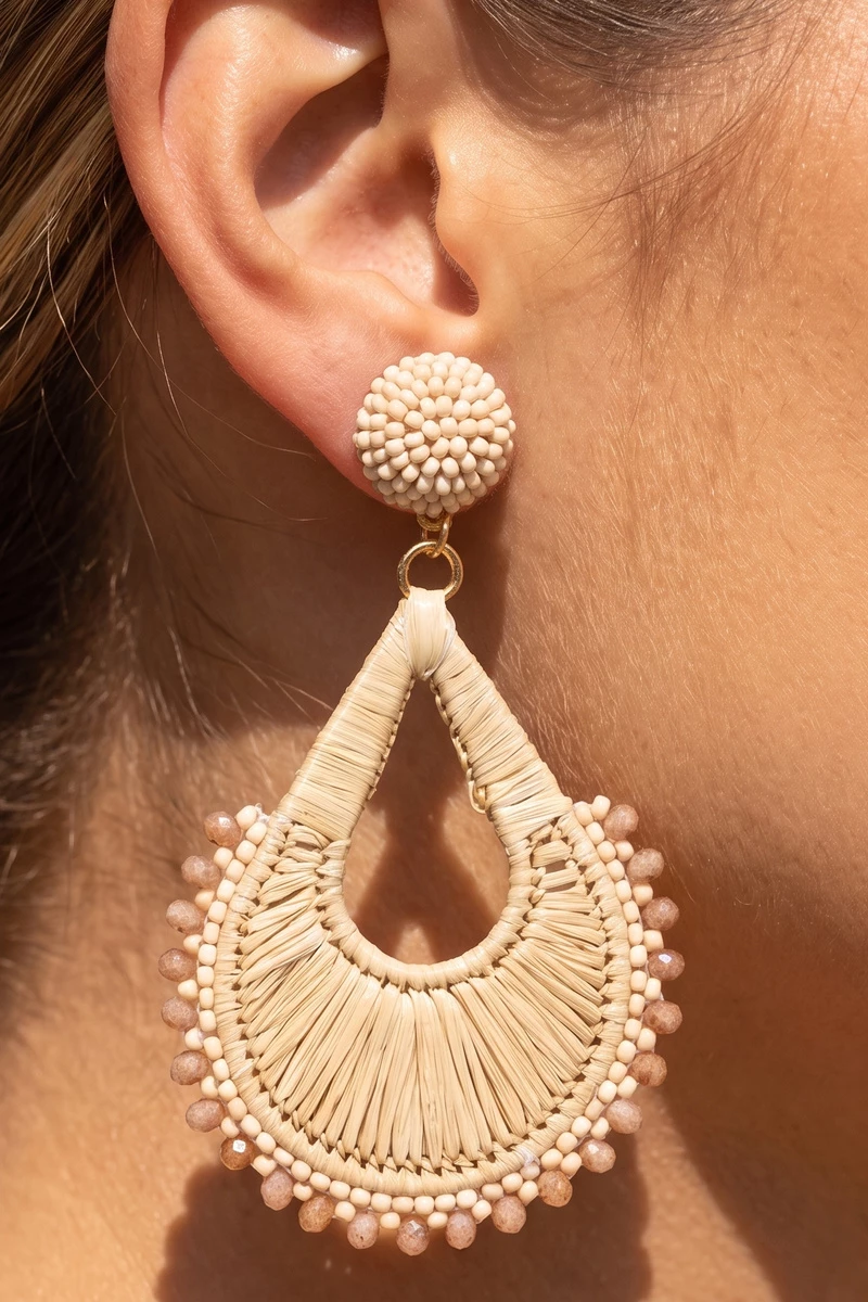 Raffia Wrapped Teardrop Fan Drop Earrings With Beads