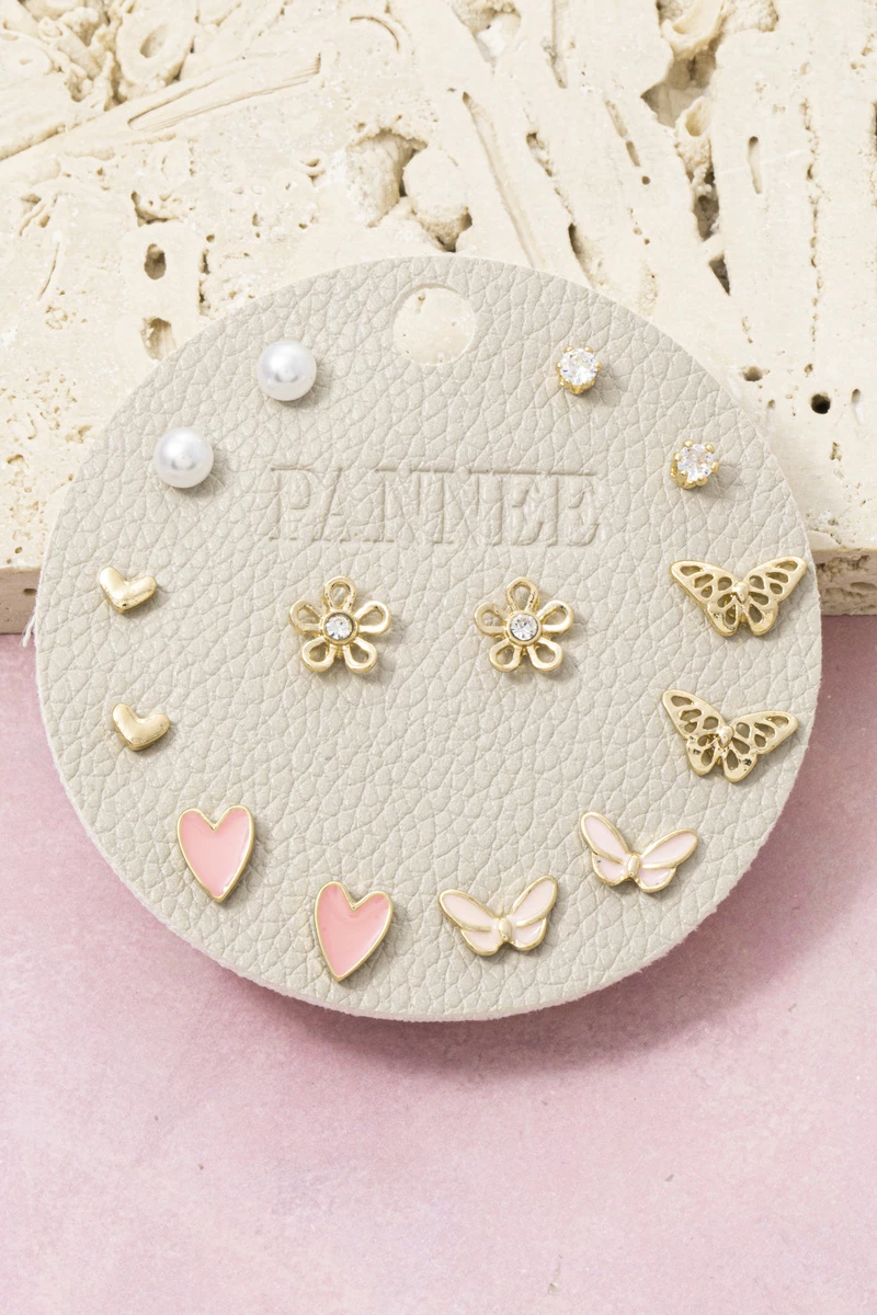 Pearl Flower And Butterfly Stud Earrings 9 Pair Set
