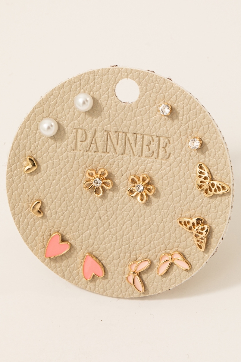 Assorted Heart Butterfly And Pearl Stud Earrings Set