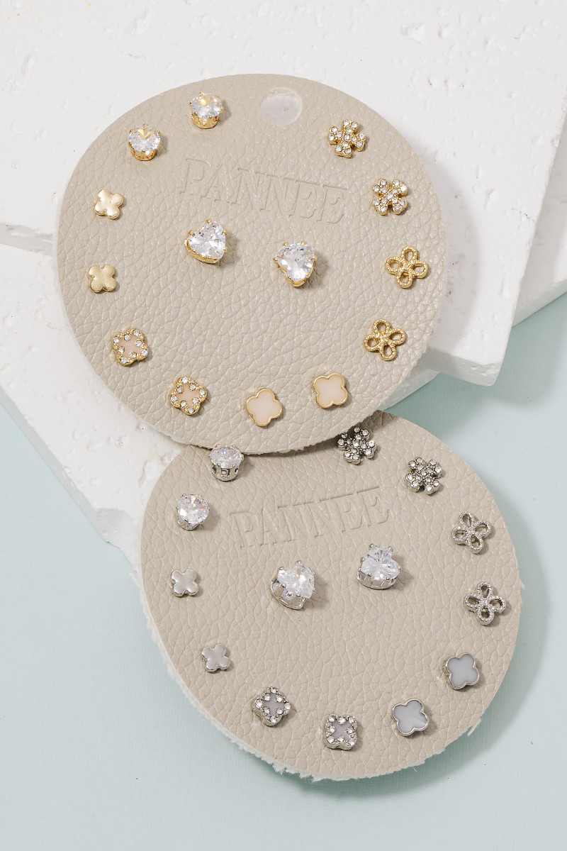 Mixed Clover And Heart Stud Earrings Set