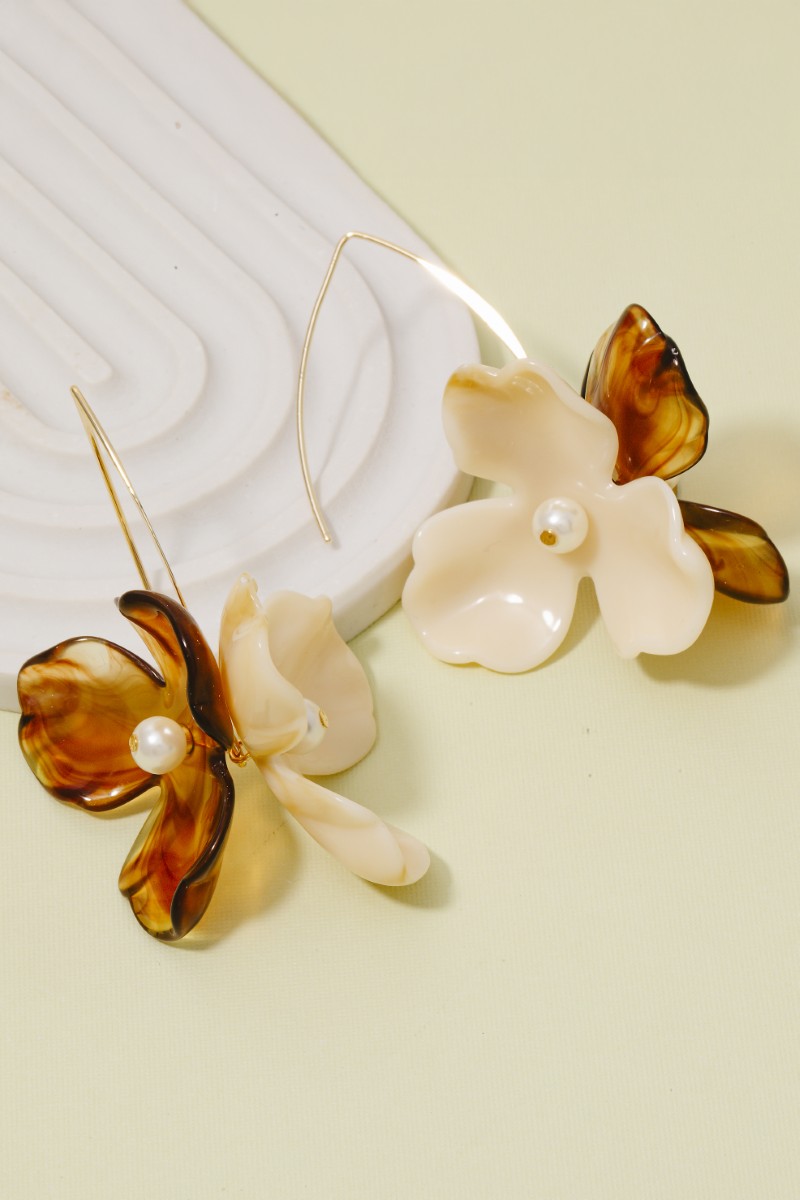 Resin And Pearl Flower Petal Dangle Threader Earrings