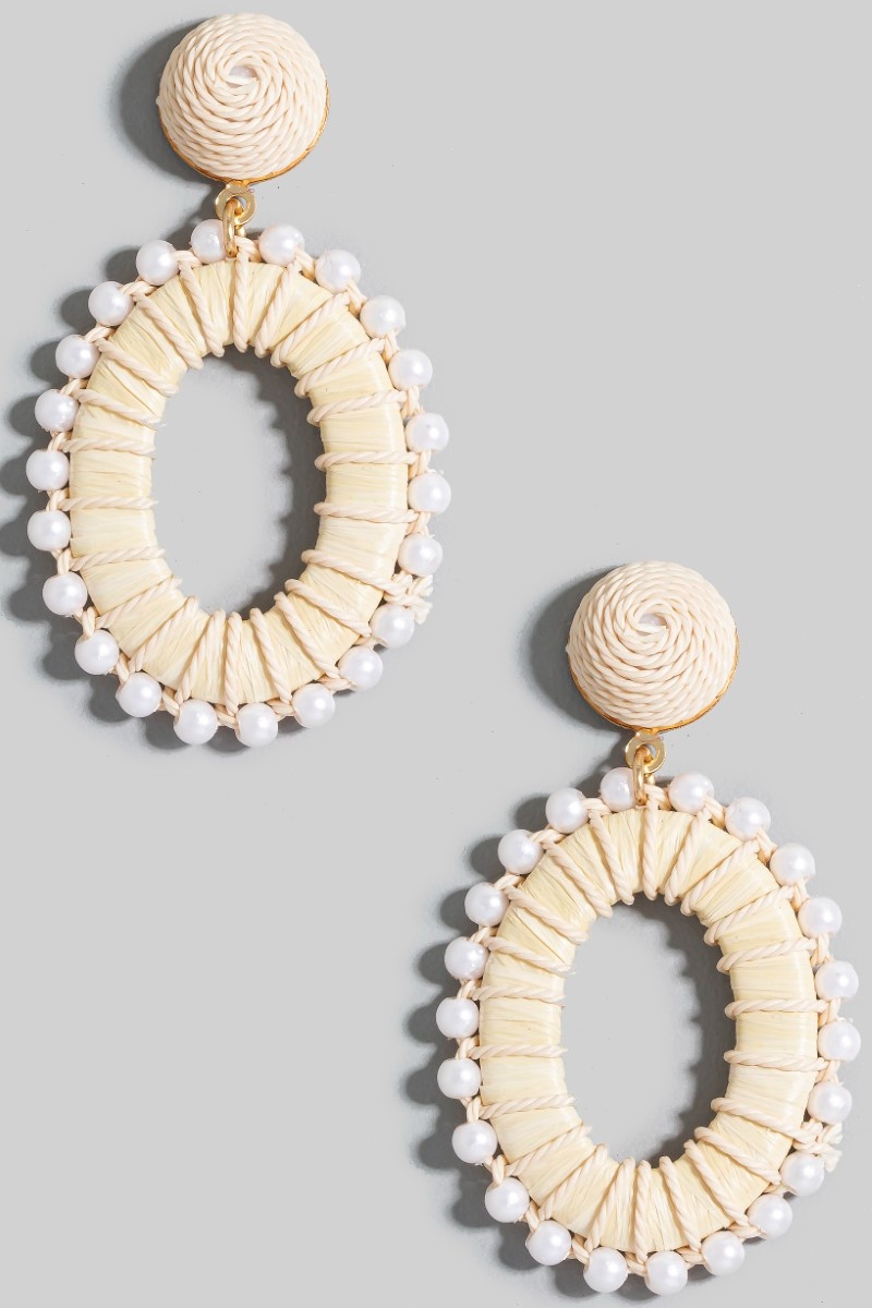 Pearl Beads Rattan Wrap Oval Hoop Dangle Earrings