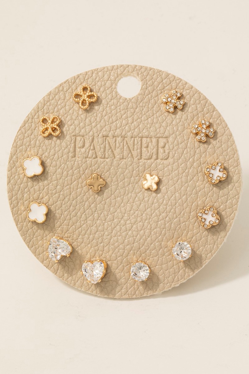 Mixed Pave And Enamel Clover Stud Earrings Set