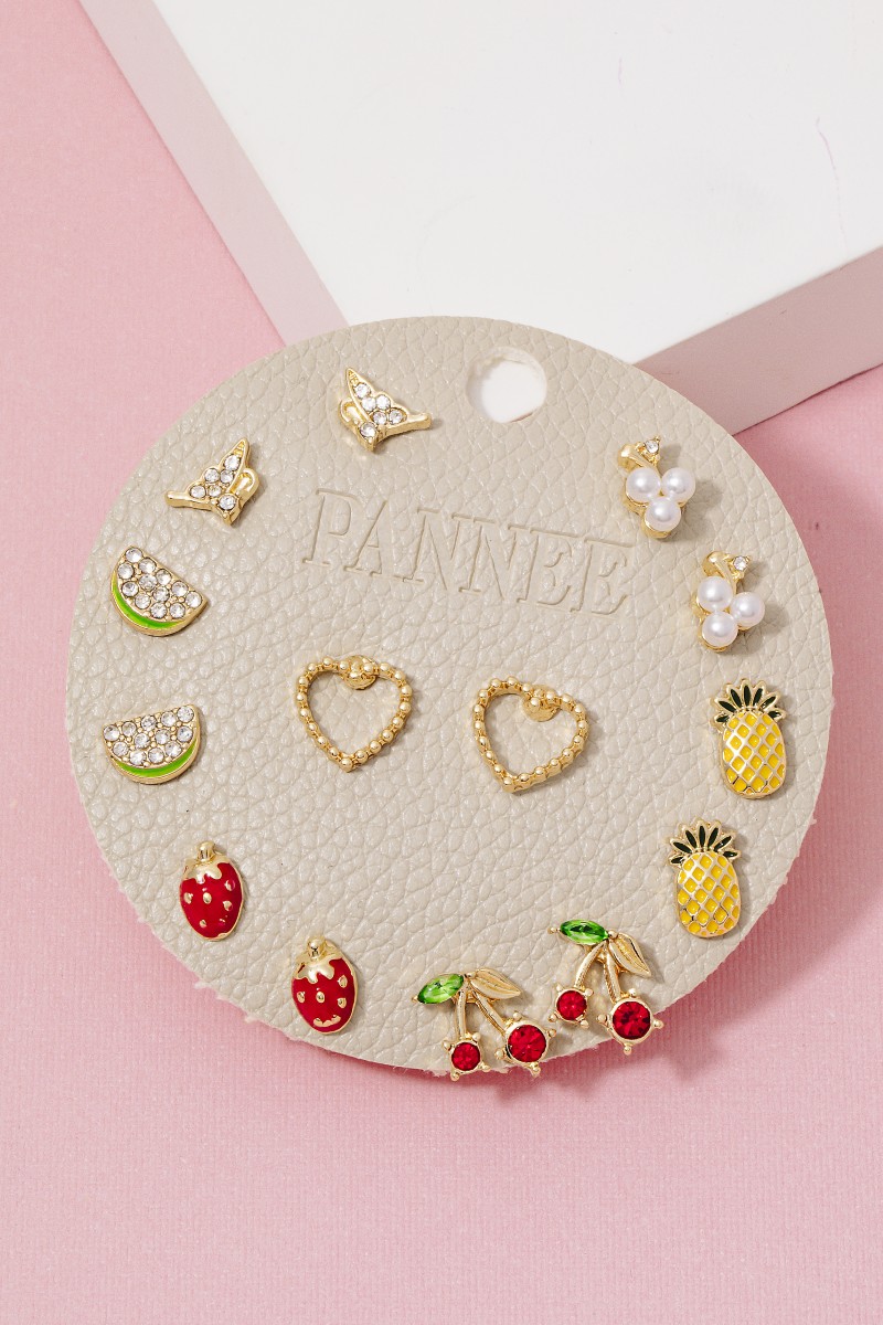 Mixed Fruits Hearts Pearl And Pave Stud Earrings Set