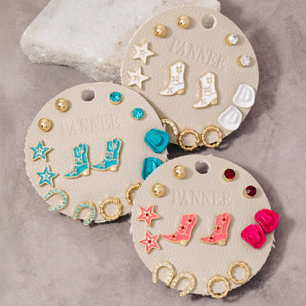 Mixed Enamel Western Cowboy Themed Stud Earrings Set