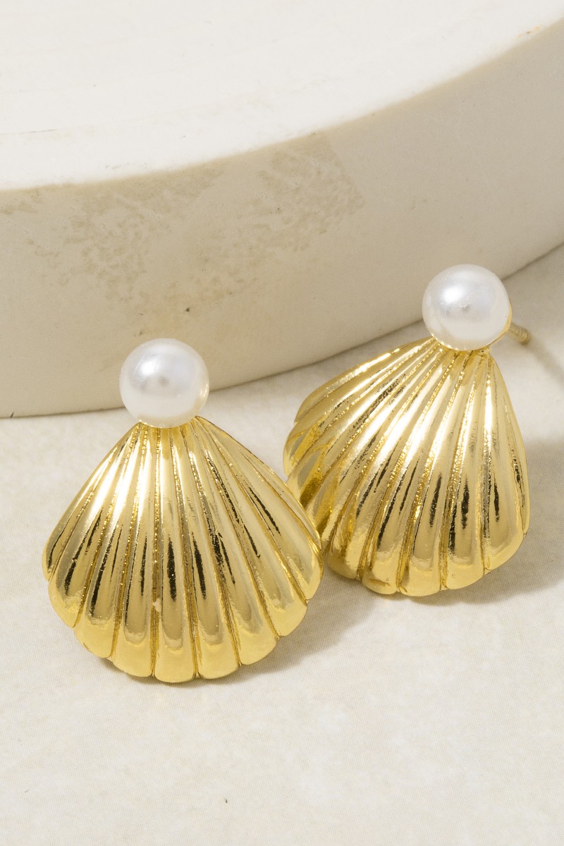 Pearl And Clam Shell Stud Dangle Earrings