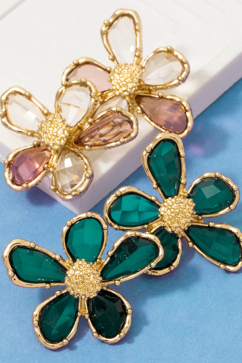 Faceted Gem Petals Flower Stud Earrings