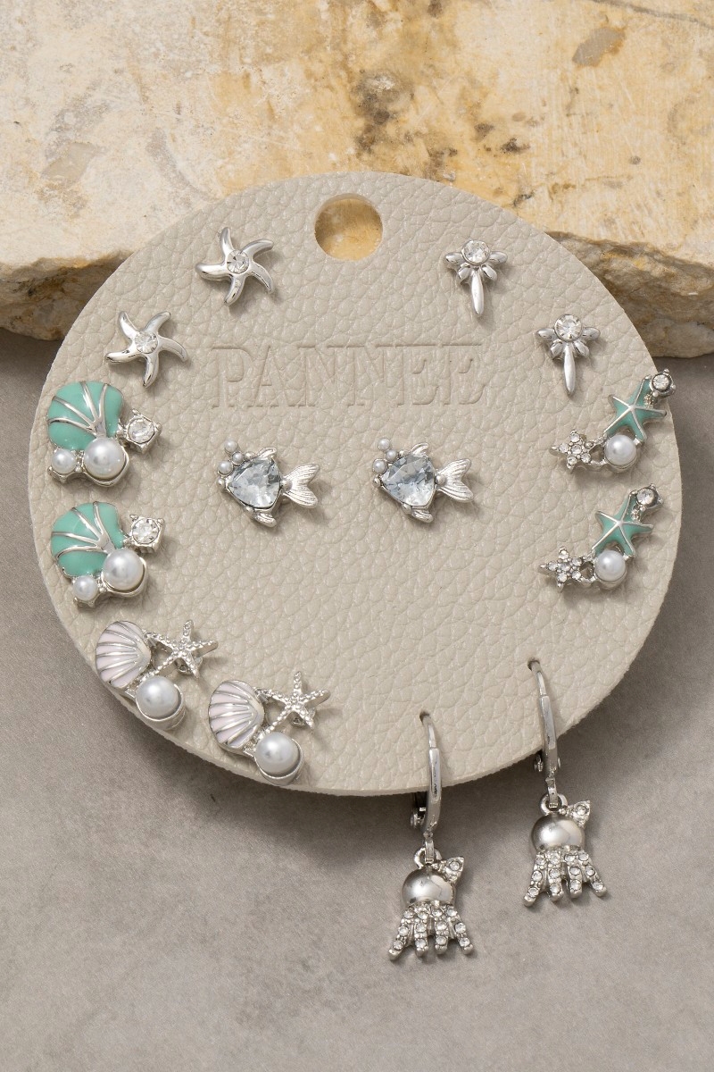 Mixed Sea Life Pearl And Enamel Earrings Set