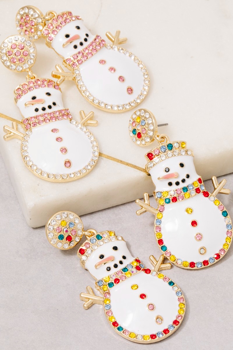 Christmas Holiday Enamel Pave Snowman Dangle Earrings