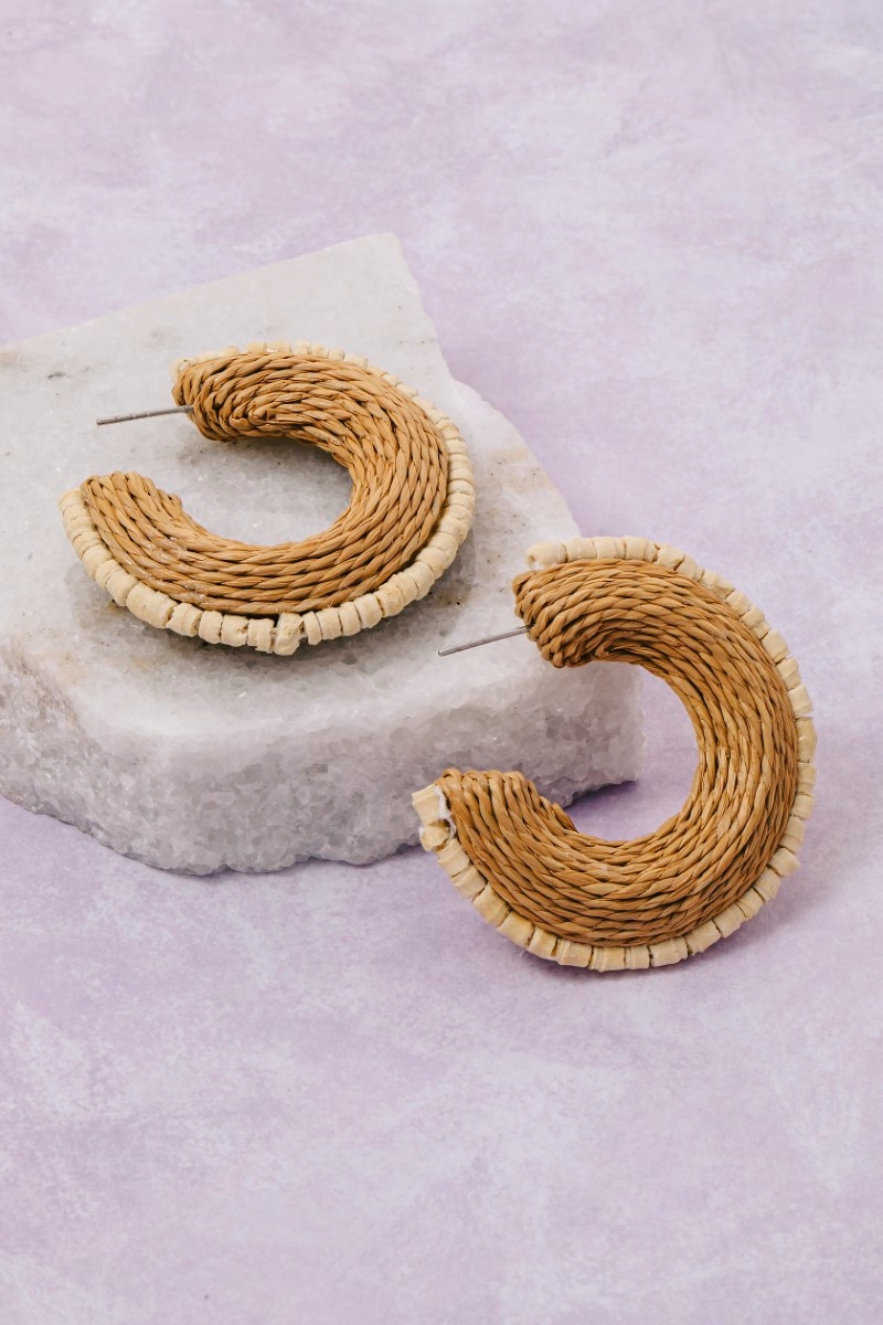 Brown Raffia Straw Hoop Earrings