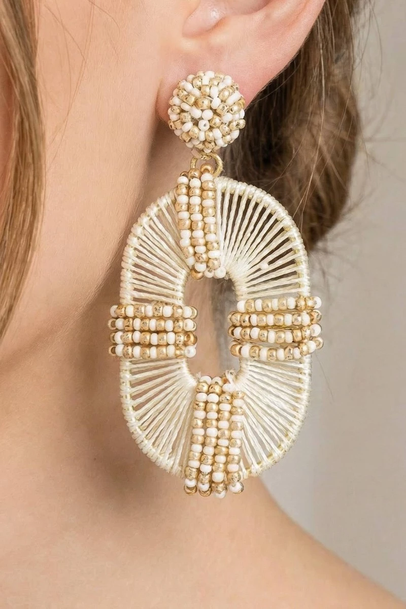 Mixed Beads Raffia Oval Drop Earrings
