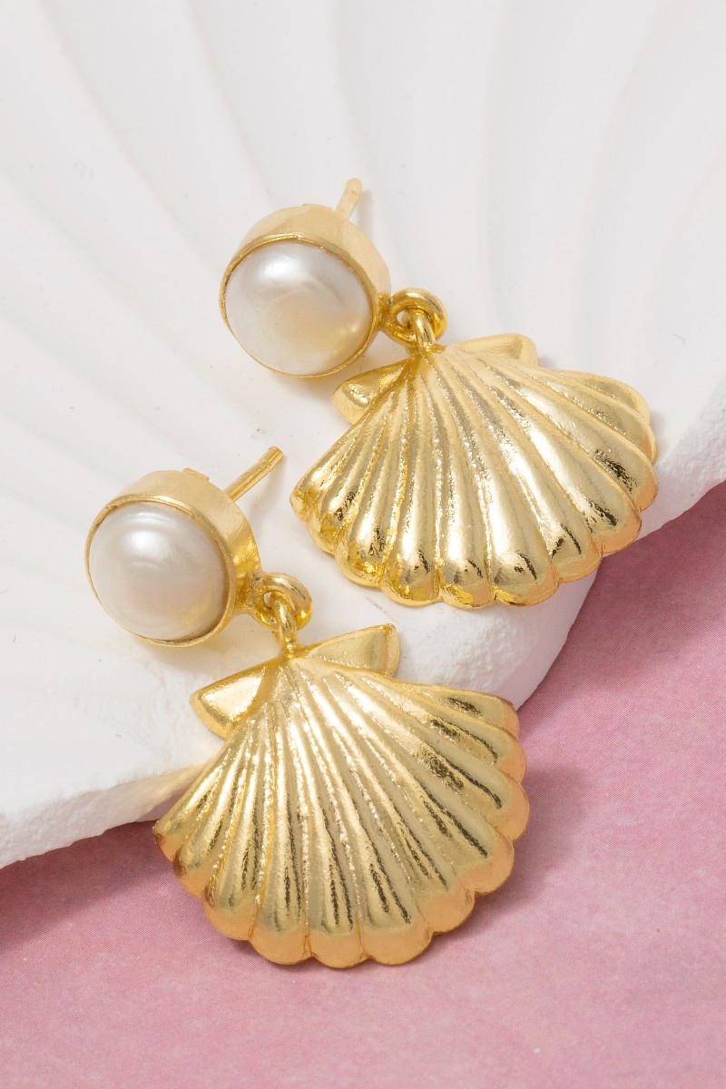 Clam Shell And Pearl Sea Life Stud Dangle Earrings