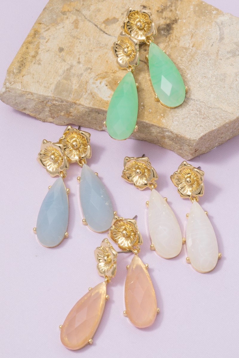 Faceted Tear Gem And Flower Stud Dangle Earrings