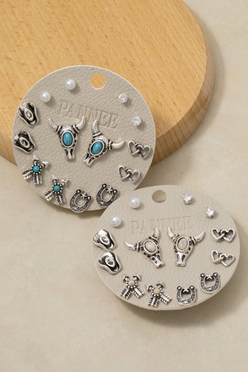 Mixed Western Cowboy Themed Stud Earrings Set