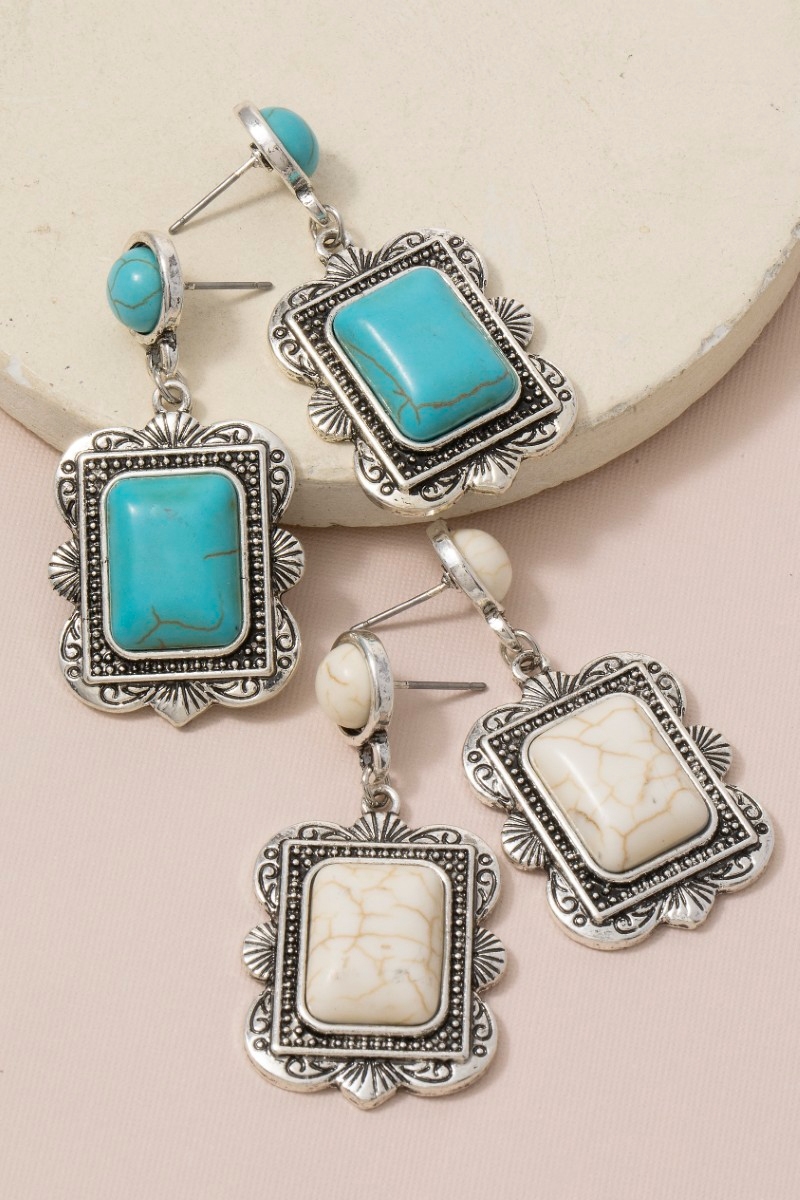 Vintage Square Stone Stud Dangle Earrings