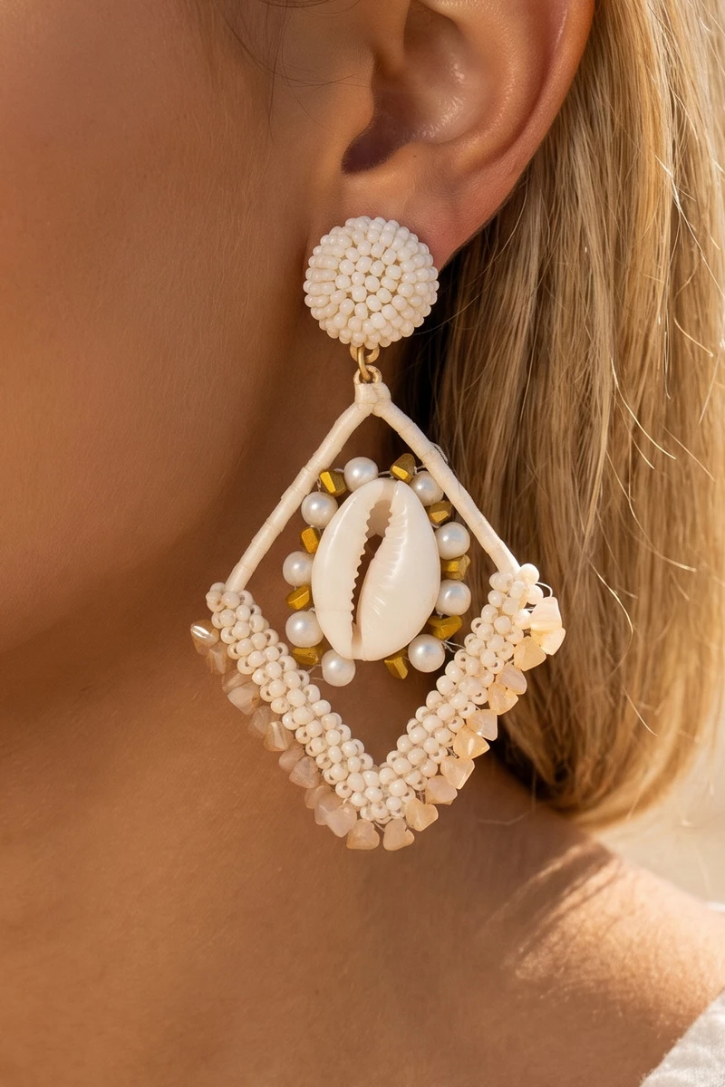 Cowrie Shell Beaded Open Frame Statement Drop Earrings