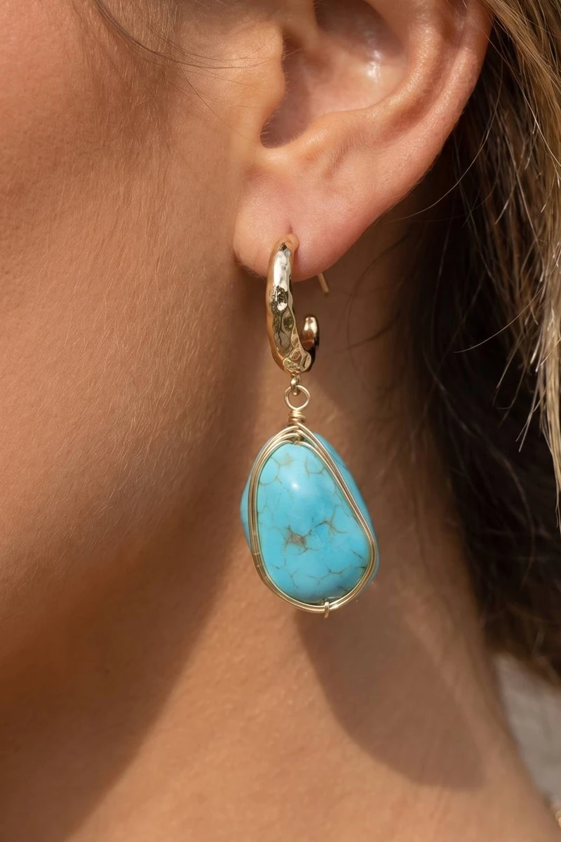 Wire Wrapped Turquoise Stone Drop Earrings
