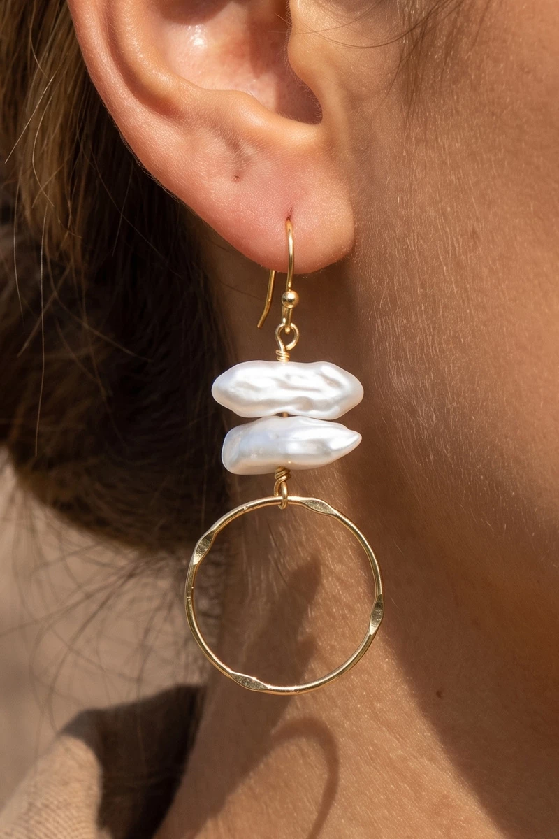 Stacked Keshi Pearl And Hammered Ring Earrings
