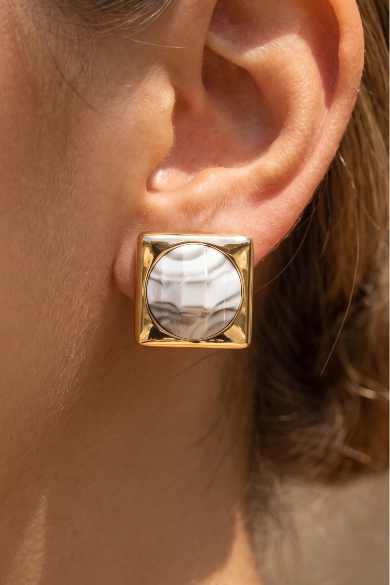 Square Frame Marbled Cabochon Stud Earrings
