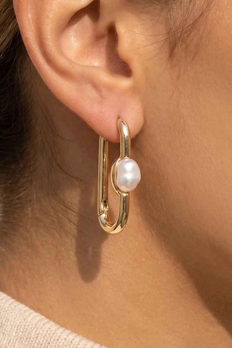 Pearl Stud Long Oval Hoop Earrings