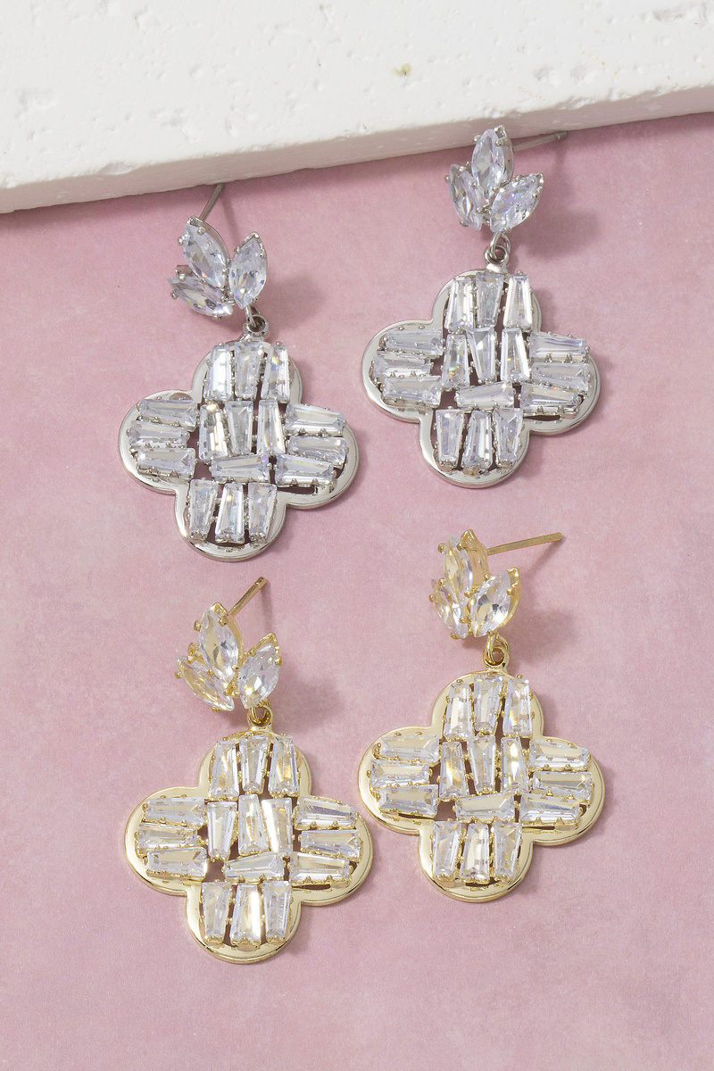 Cz Baguette Clover Pendant Drop Earrings