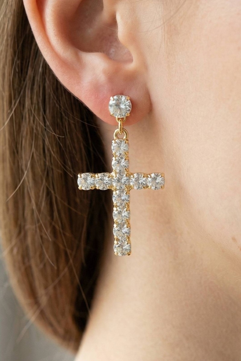 Cubic Zirconia Square Pave Cross Dangle Earrings