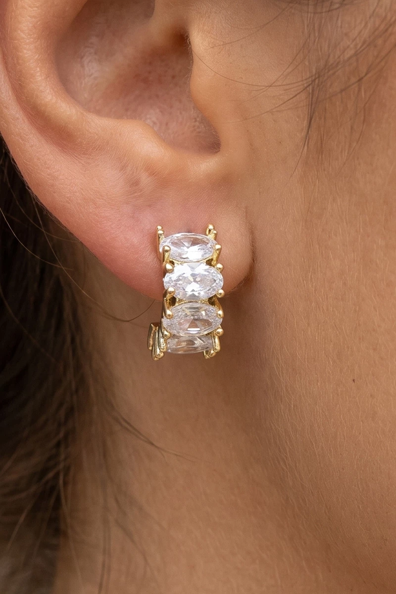 Four Stone Oval Cz Huggie Hoop Earrings