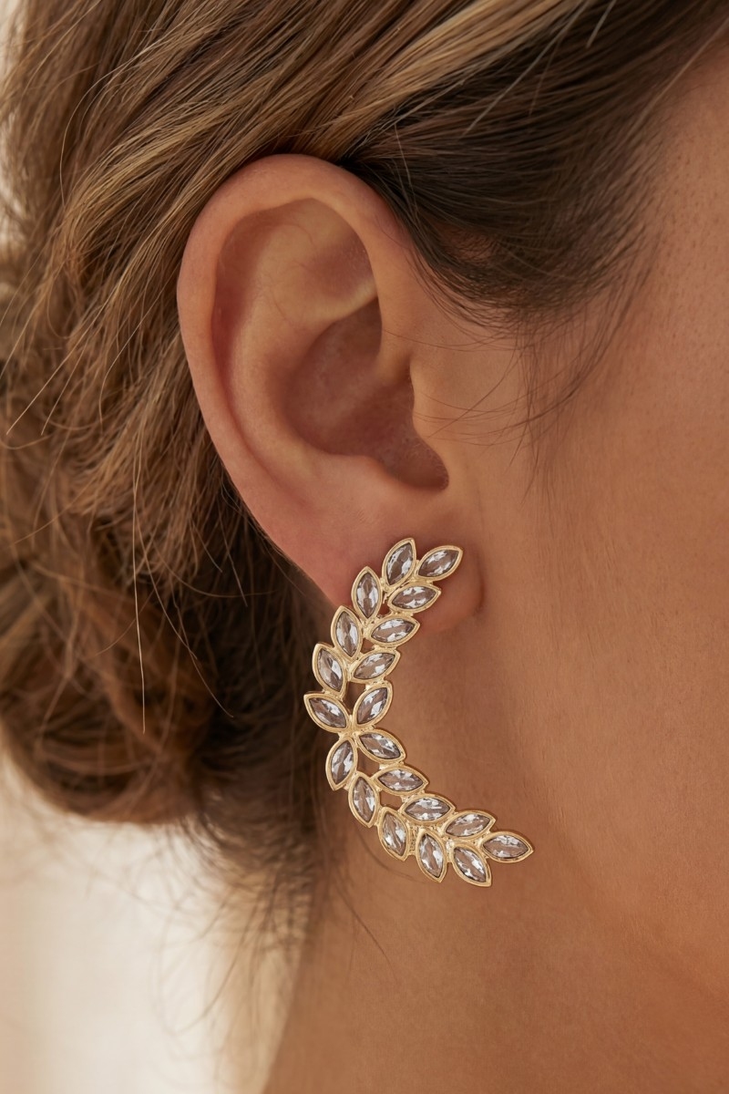 Faceted Oval Cz Fern Branch Stud Drop Earrings