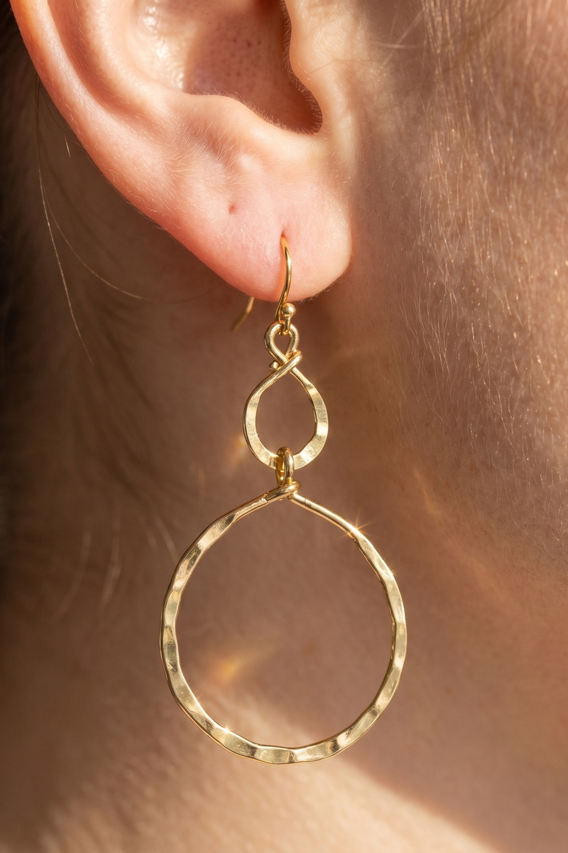 Gold Dipped Hammered Infinity Twist Drop Earrings