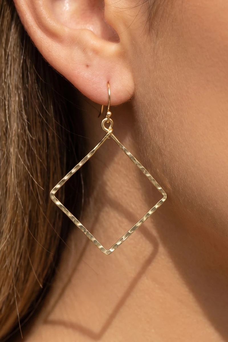Gold Dipped Hammered Open Square Drop Earrings