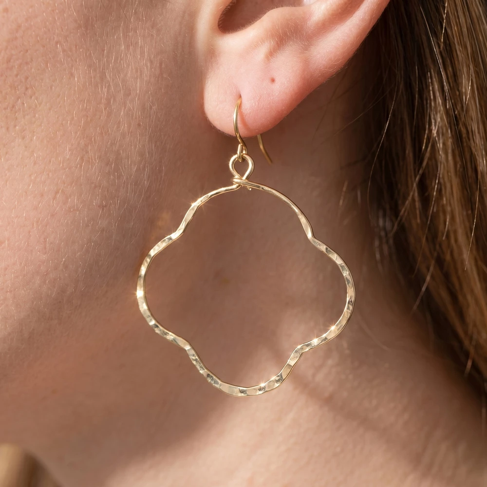 Hammered Quatrefoil Open Hoop Dangle Earrings